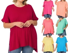 1X 2X 3X Round Neck Rolled Sleeve Rayon Top Loose Fit w/ Side Slits High-Low Hem