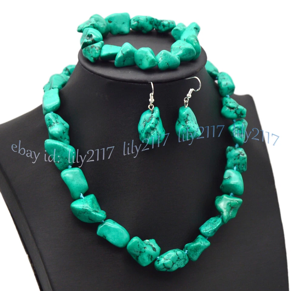 Chunky Natural Turquoise Irregular Nugget Beaded Necklace Bracelet Earrings Set - Image 2 of 4