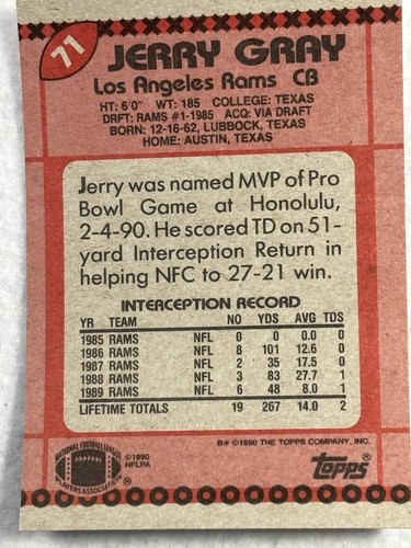 Tarjeta coleccionable de fútbol americano Jerry Gray Los Angeles Rams CB #71 Topps 1990 de colección - Imagen 2 de 2
