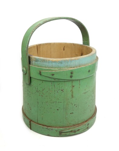 Antico vecchio secchiello zucchero in legno botte abete verde vernice dispensa primitivo - Foto 4 di 8