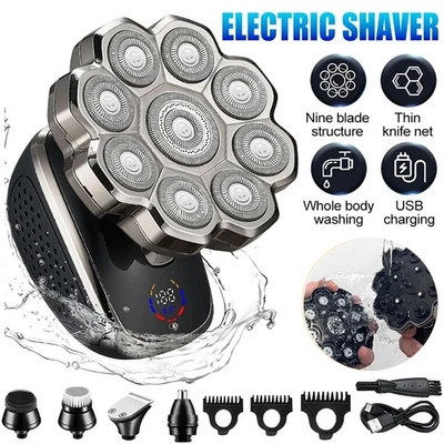 9D Bald Head Shavers 5 in1 Cordless Electric Shaver Wet Dry Rotary Razor for Men