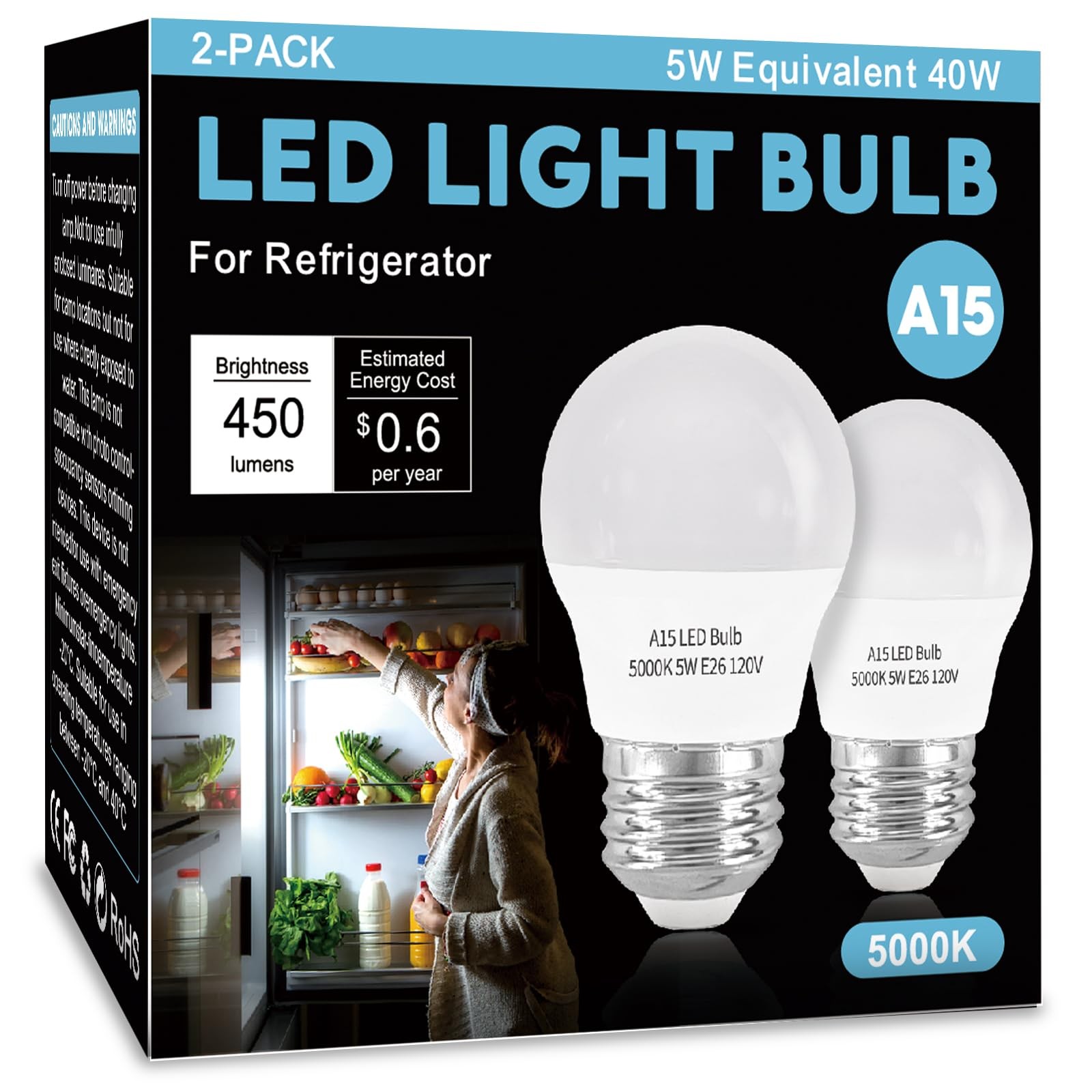 LOXYEE LED Refrigerator Light Bulb 2 Pack，Daylight White 5