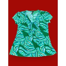 Susan Lawrence Green Blue Abstract Print Beaded V-Neck Top Large Made in USA