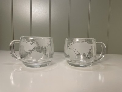 Pair Of VTG Clear Glass Coffee Mugs. Map Of The World. Original Stickers