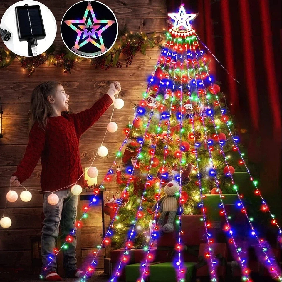 Solar LED Star Waterfall Lights Holiday Party String Lights Christmas Tree Decor - Image 2 of 4