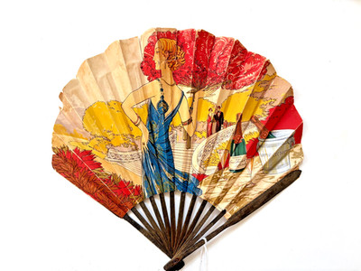 Lovely French Ad Fan w/ Woman Holding Large Red Feather Fan -Roederer Champagne*