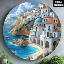 Vintage Greek Landscape Theme Round Aluminum Metal Decorative Plaque