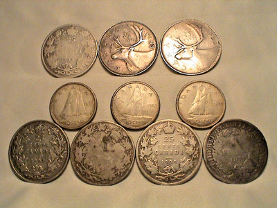 Lot of 10 Silver Coins, 6 Canada 25 Cents, 3 Canada Ten Cents, & 1 French Franc
