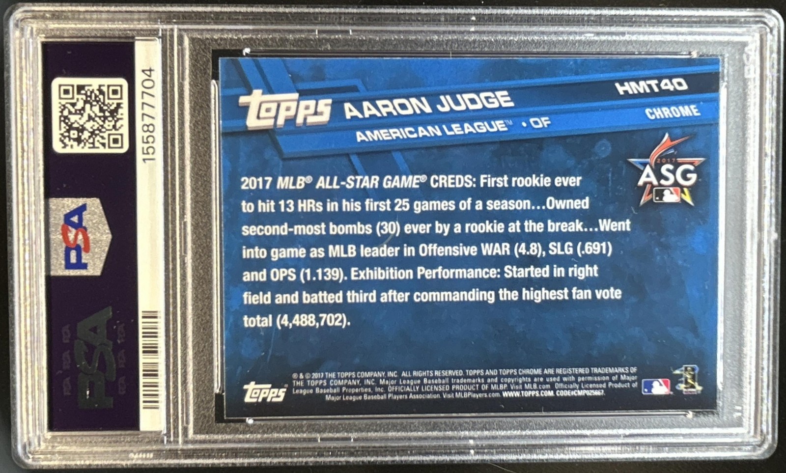2017 Topps Chrome Update Aaron Judge Rookie RC #HMT40 Yankees PSA 10 GEM MINT view 2
