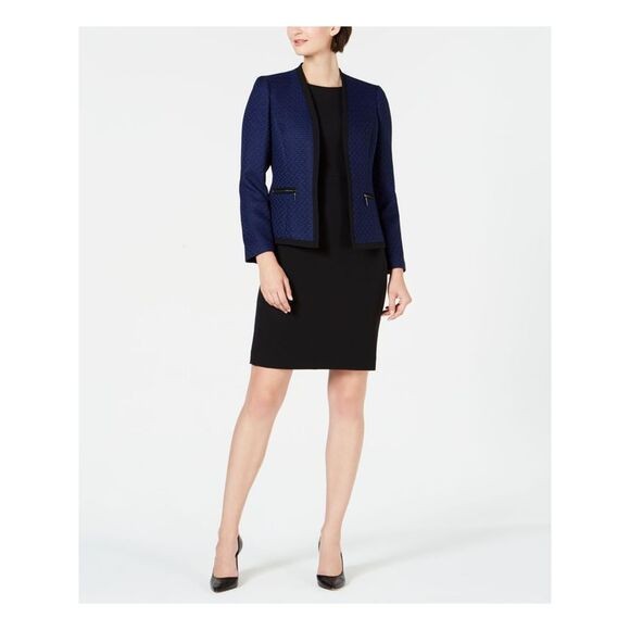 NWT Le Suit Women 14 Sapphire Blue Black Tweed Jacket Blazer Black Dress $240