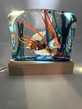 Murano Aquarium Italian Art Glass Paperweight Block Style W/ Base Light