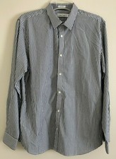 Calvin Klein Men Dress Shirt White/Dark Gray Striped Classic Fit 100 Cotton Sz L