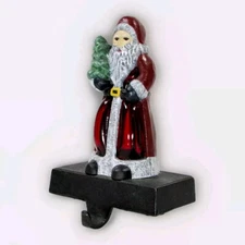 Vintage Cast Iron ILLUMINATED SANTA 8" Stocking Hanger Christmas Evergreen Tree