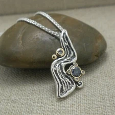 Silver and 10k Gold Rocks 'n Rivers Pendant with Mystic Blue Moissanite Chained