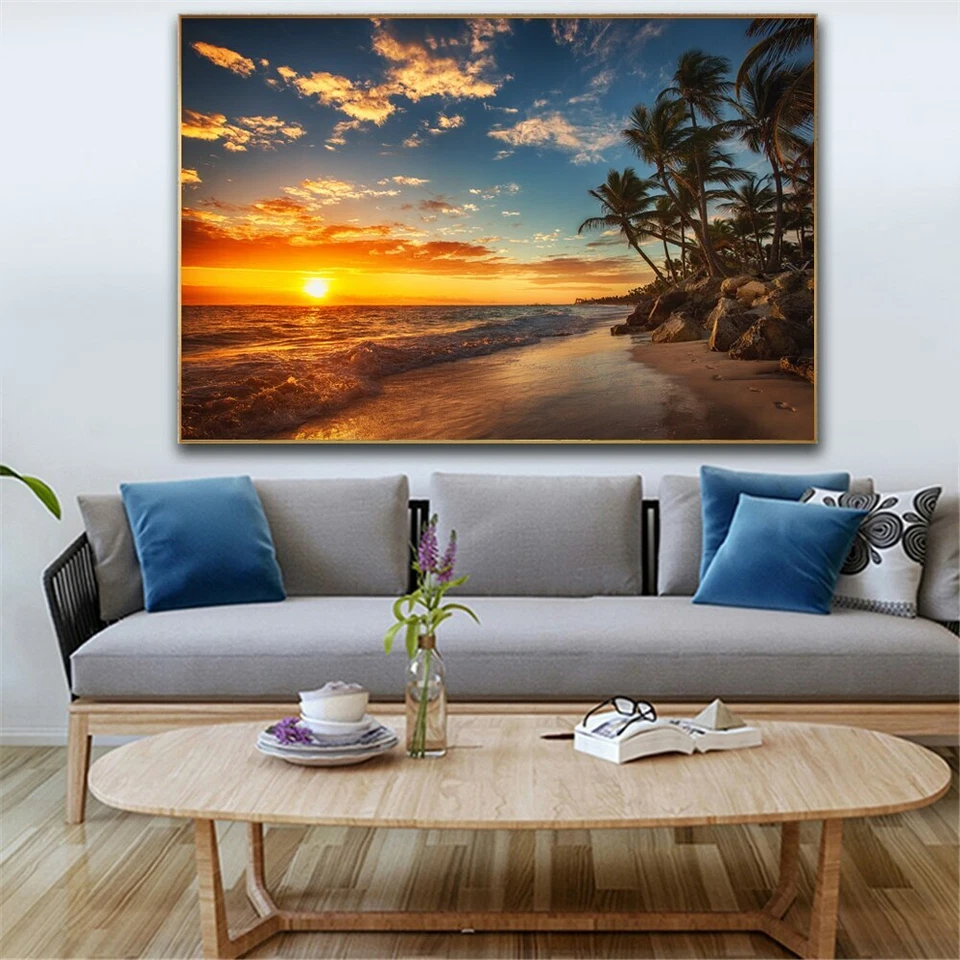 Mar Playa Puesta de Sol Paisaje Arte de Pared Lienzo Pintura Impresión Arte Póster Decoración del Hogar Foto 4 de 4