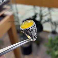 Authentic Yemeni Aqeeq Natural Yellow Agate Stone Men  s Handmade Ring