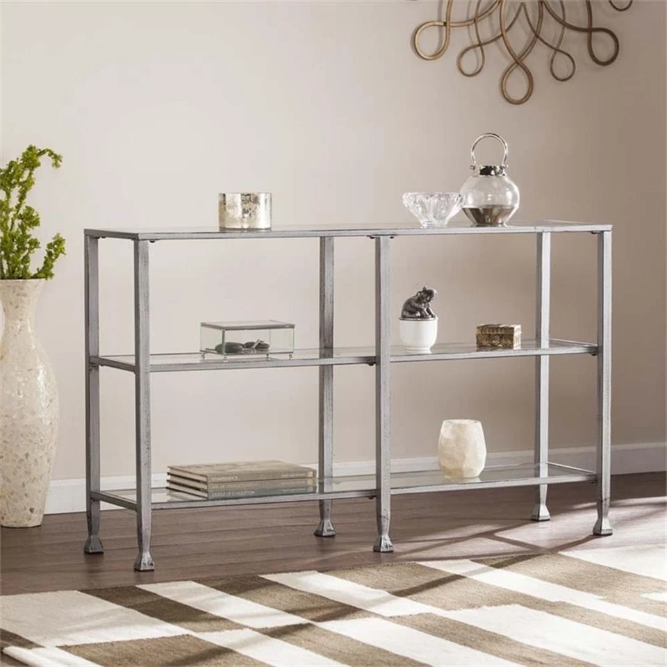 SEI Furniture Jaymes 3 Shelf Glass Top Console Table in Silver - Image 2 of 4