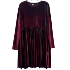 Asos Women's US 14 Velvet Pleated Smock Dress Red Holiday Long Sleeve Crew Neck