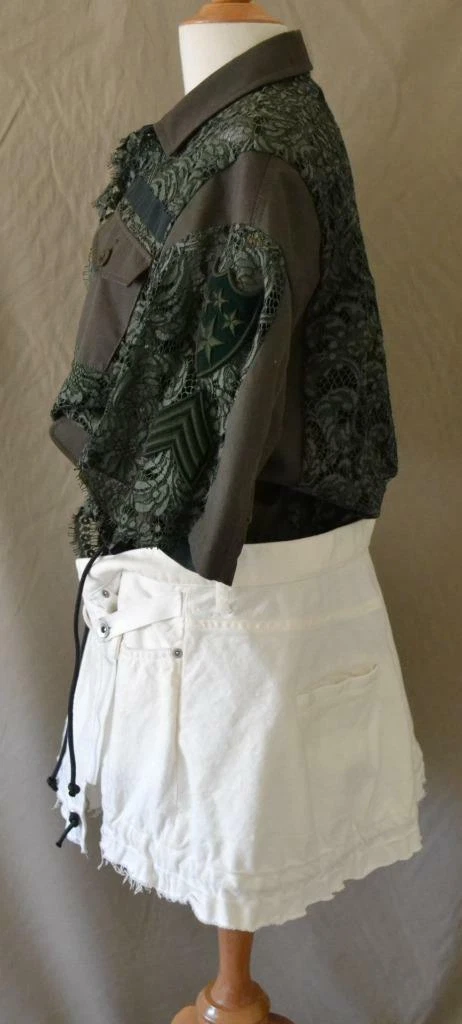 Abito Sacai verde oliva pizzo top bianco fondo demin toppe esercito taglia 2 media