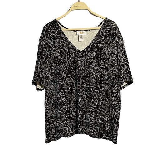 Vintage Talbots Blouse Women P2X Petite 2X Vneck Black White Pattern Workwear
