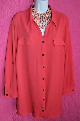 CATHERINES Coral Button Blouse Tab Long Sleeve Poly Stretch 14W 16W Colorful Top