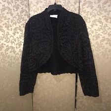 Oleg Cassini Black Tie Vintage Beaded Bolero Open Jacket Size Large L