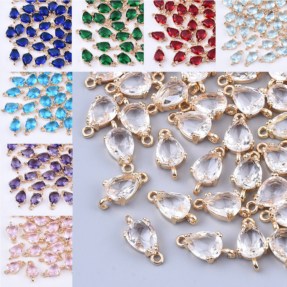 50Pcs Transparent Glass Faceted Teardrop Links Connectors Charms Findings 13x7mm