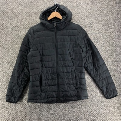 Amazon Essentials Puffer Hooded Jacket Black Mens Sz M Full Zip Pockets