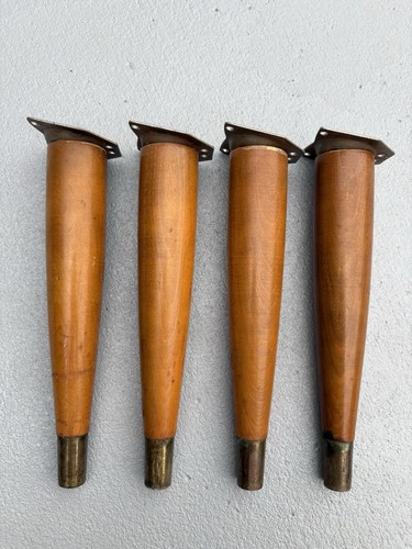 4pcs 10” Slant Blonde Wood Furniture Legs Mid Century Modern Brass Footing