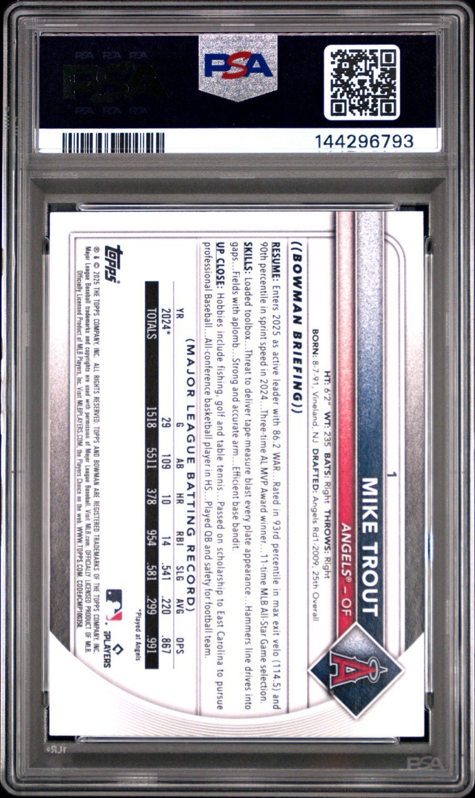 2025 Bowman Mike Trout Orange /25 Angels PSA 8 NEAR MINT view 2