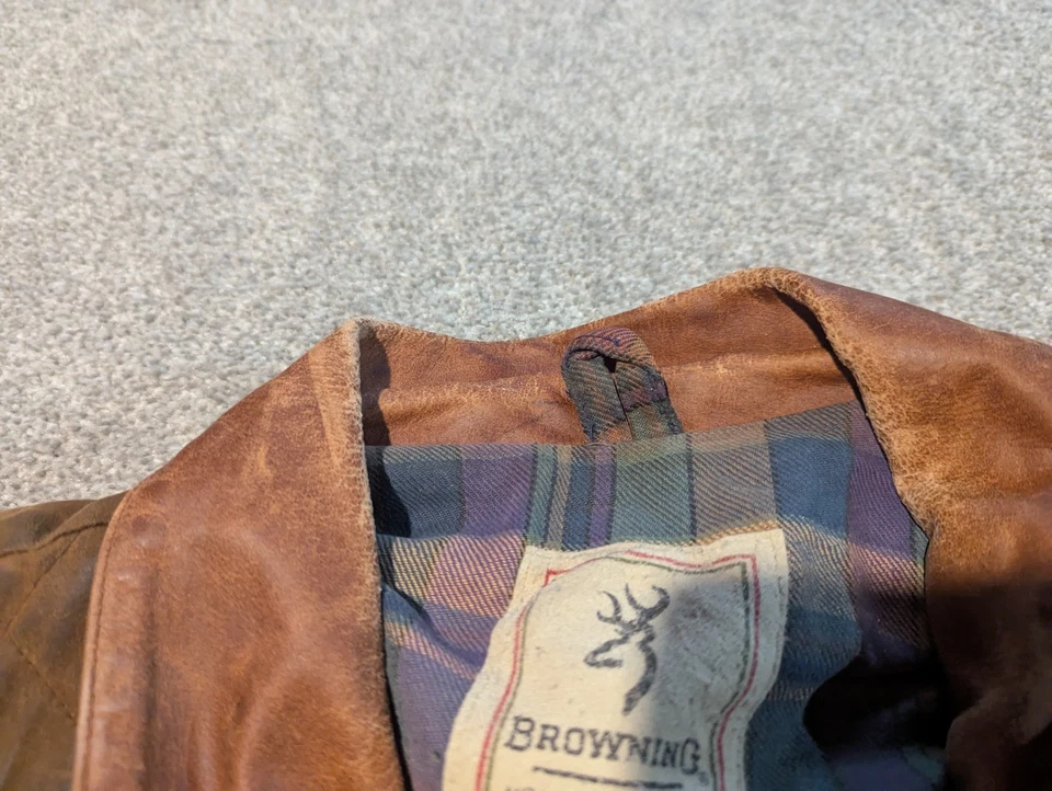 Vintage Browning Jacket Mens Large Brown Waxed Cotton Canvas Leather Trim Coat - Image 3 of 4