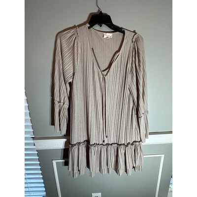 143 Story by Line Up Beige V Neck Tie Neck Tiered Ruffle Mini Dress Size S