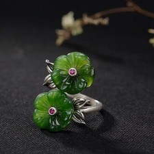 Vintage 925 Sterling Silver Green Jade Ring Flower Blossom Bypass Boho Band