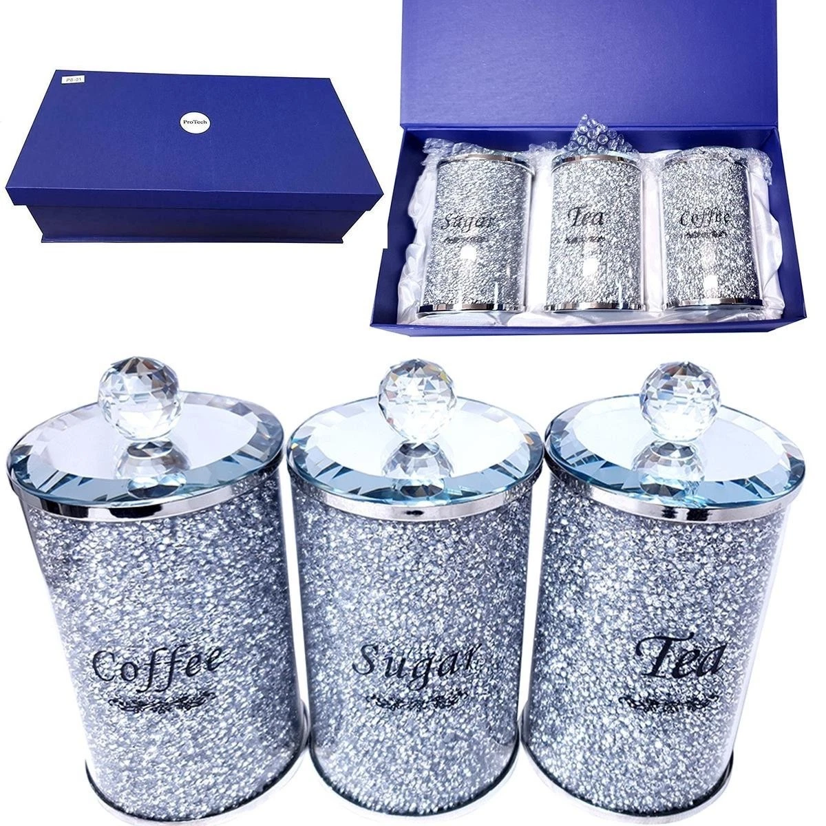 DIAMOND CRUSHED SILVER CRYSTAL FILLED TEA COFFEE SUGAR CANISTERS JARS STORAGE UK
Opens in a new wind