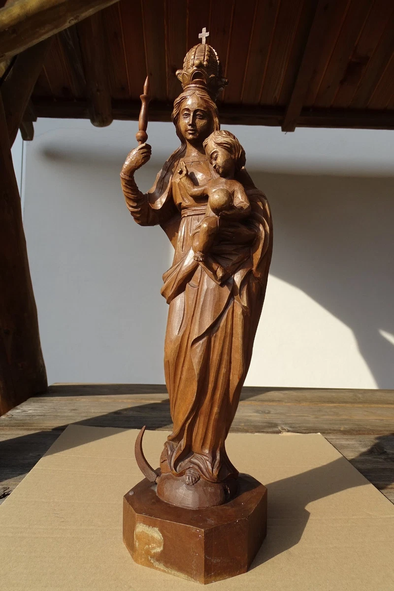 c.1970 Heilige MARIA mit JESUSKIND 42cm Mondsichel Madonna HOLZFIGUR SKULPTUR