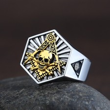Skull and Bones Masonic Freemason Illuminati Biker Hexagon Sterling Silver Ring