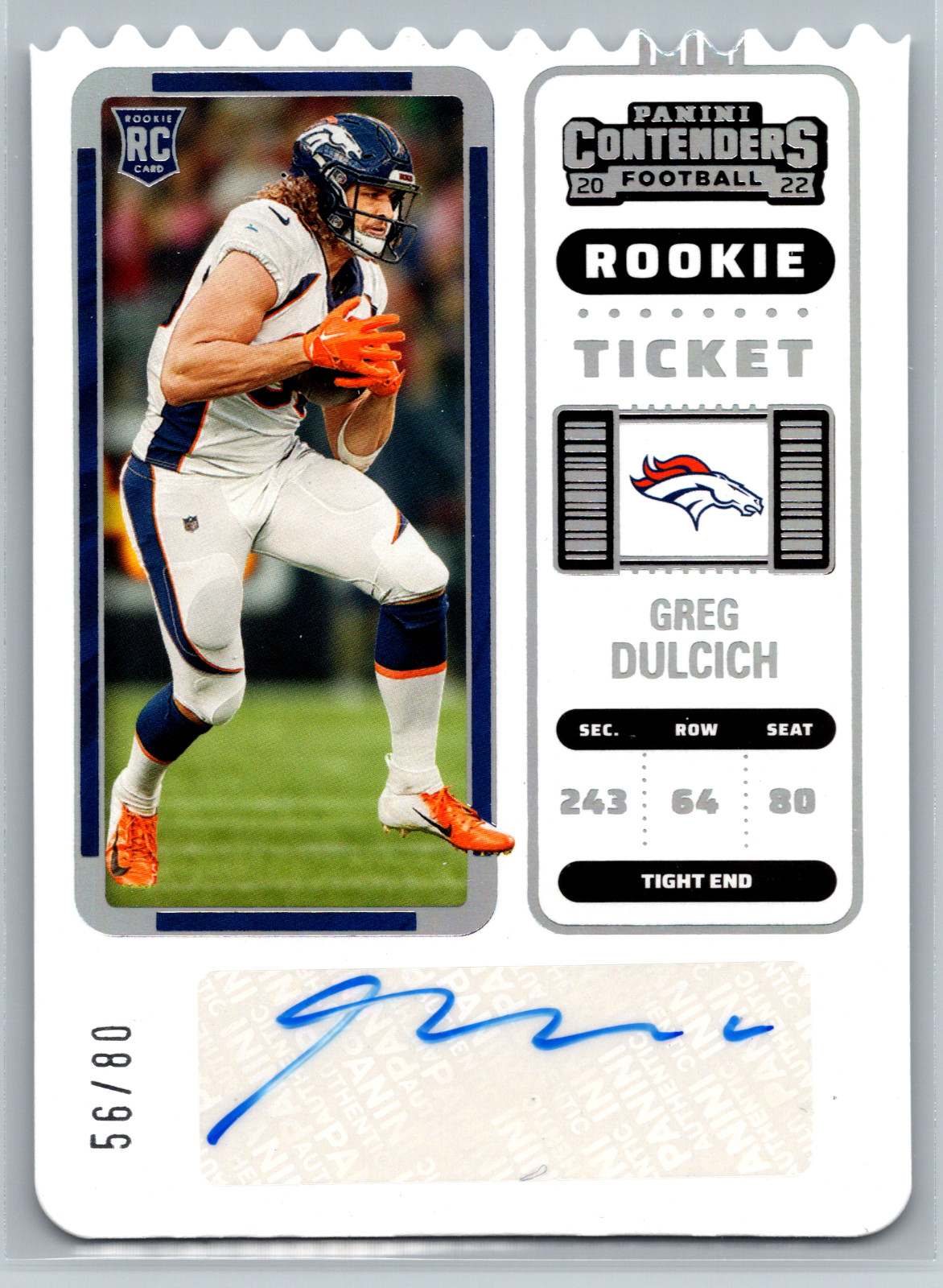 Greg Dulcich 2022 Panini Contenders Rookie Ticket Stub Auto /80 #185