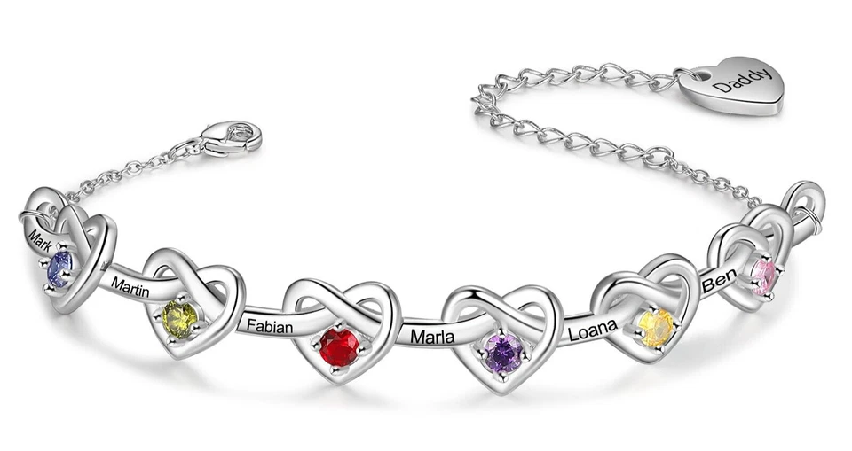 Pulsera Personalizada Grabada Corazones Unidos Día de la Madre Nombre y Piedra de Nacimiento ELECCIÓN Foto 3 de 4