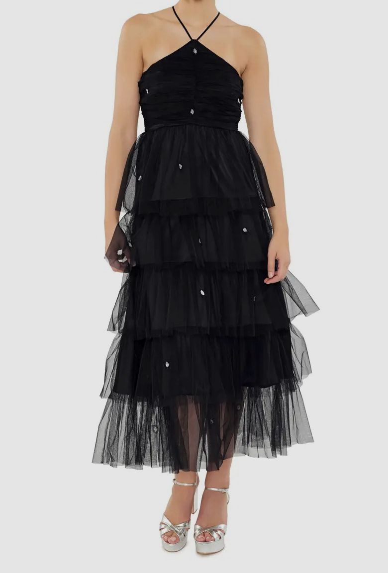 $328 Likely Women's Black Shane Tiered Tulle Halter Neck Maxi Dress Size 4