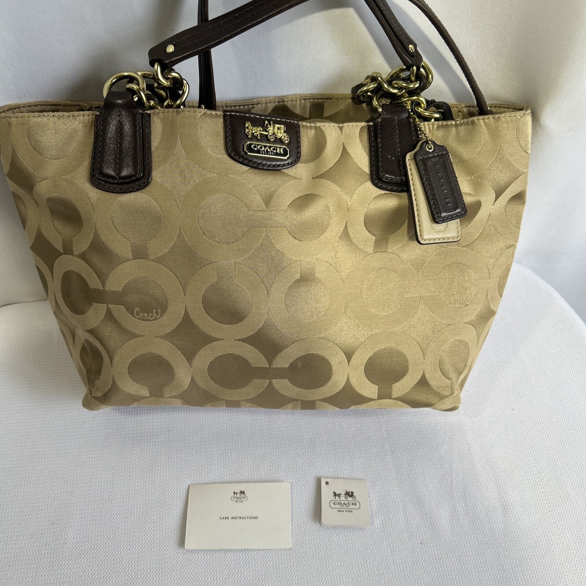 COACH TOTE BAG WITH CHAIN HANDLES Gold Tan Signature #F1220-20481 