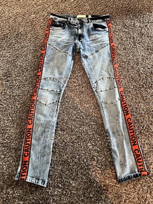 Evolution In Design Jeans Mens 34 Gray Wash Stretch Caution Tape Spell Out 