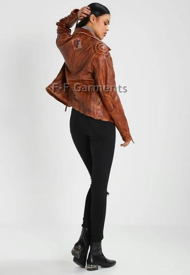 Chaqueta de cuero de motociclista vintage café corredor marrón envejecido para mujer Foto 3 de 4