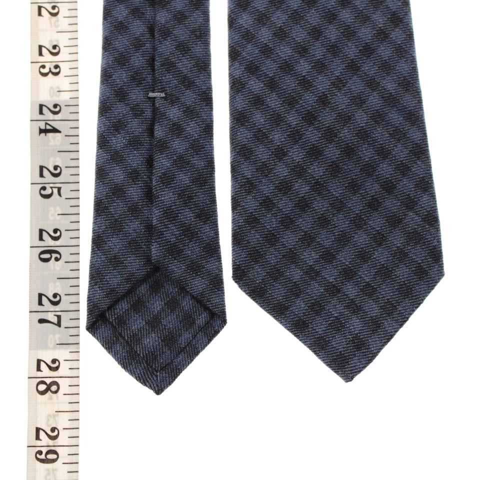 Kiton 全新无标签羊毛/丝绸混纺七折领带蓝色/黑色格子意大利制造 — 第 4/4 张图片