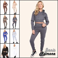 Womens Hooded Tracksuit Fleece Cropped Zipper Hoodie Cuffed Joggers 2 Pcs Co-ord