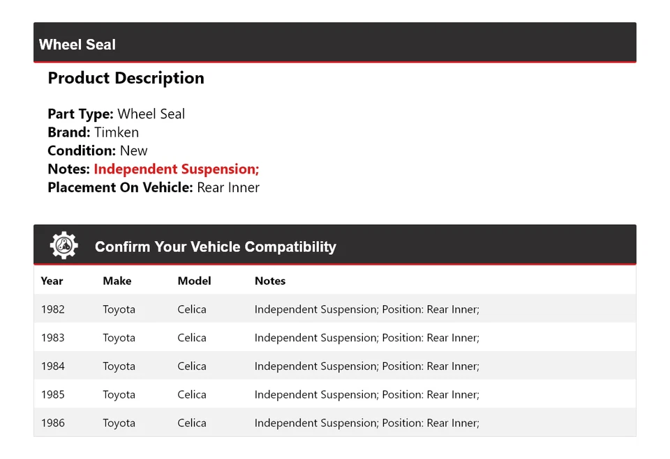 Sello de rueda interior trasero para Toyota Celica 1982-1986 Timken 1983 1984 1985 Foto 2 de 4