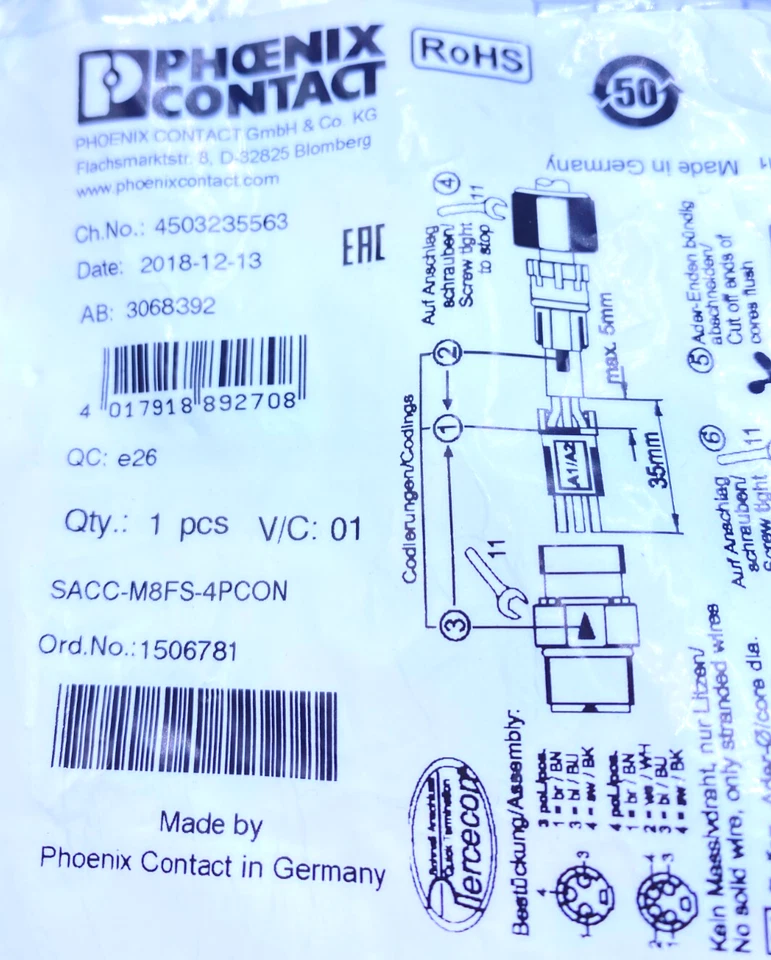 Phoenix Contact Lot of 6, 4 Position Connector SACC-M8FS-4PCON NIP - Image 3 of 3