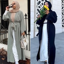 Muslim Women Open Long Dress Abaya Dubai Kimono Modest Robe Cardigan Gown Arab