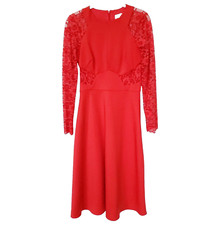 Asos Premium Midi Scuba Skater Dress Womens 6 Red Fit & Flare Lace Long Sleeve