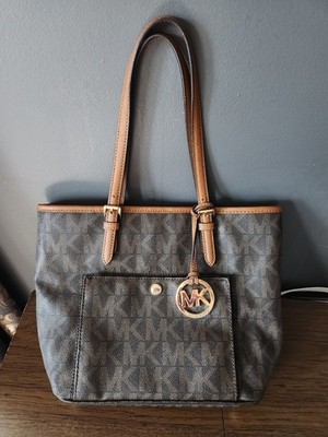 Michael Kors Jet Set Medium Pocket Tote Bag Brown MK Signature Monogram Gold...