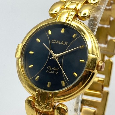 Qmax Men's Dress Watch 32mm Gold Tone Black Gray Dial Round New Battery 8.5''